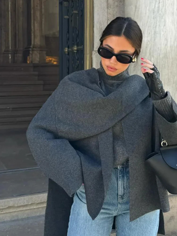 Women Elegant Solid Short Woolen Jacket With Scarf Fashion O Neck Long Sleeve Slit Loose Coat 2024 Autumn Female High Streetwear 241219