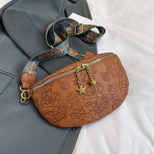 Flower embossed chest bag, women's fashionable casual versatile waist bag, ethnic style shoulder strap, large capacity shoulder crossbody bag 241