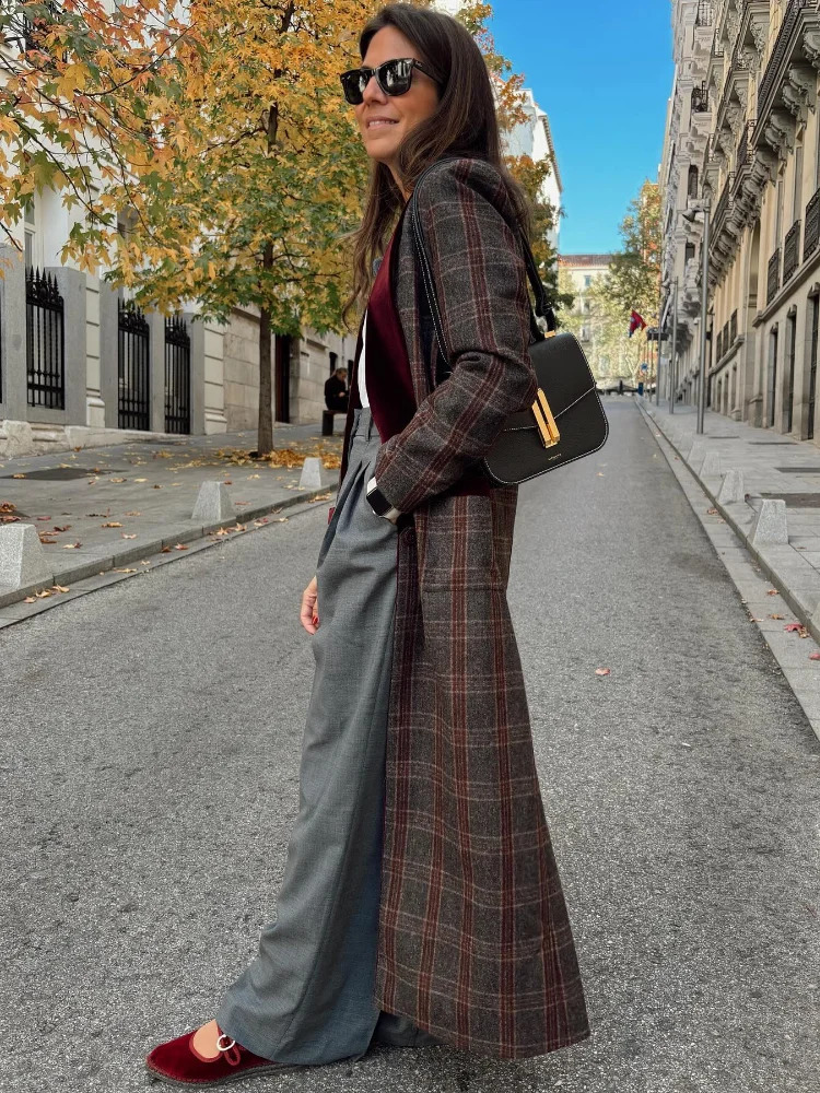 Fashion Colorful Plaid Print Woolen Overcoats For Women Patchwork Turndown Collar Slim Fits Long Coats 2024 High Streetwear 241219