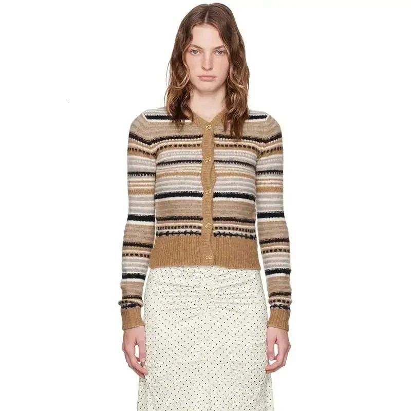 Stripes Cardigan Women 100% Wool V-Neck Single-Breasted Soft Warm Long-Sleeved Cardigan Female