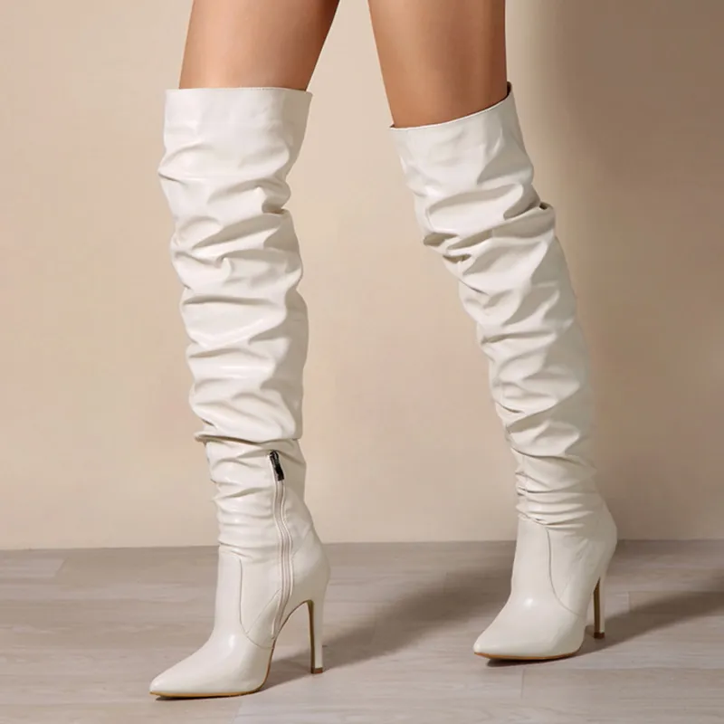2025 New Liyke Autumn Winter Thigh High Boots Women Fashion Design Pleated Leather Over The Knee Shoes Pointed Toe Zip Stiletto Heels