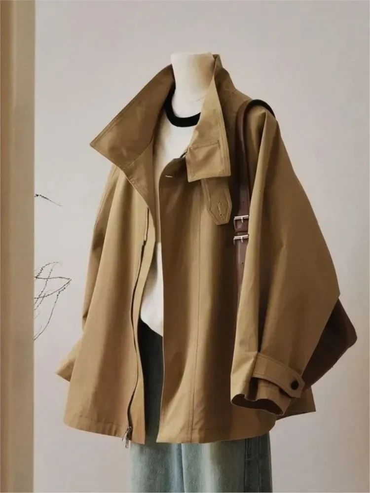 Khaki Cropped Trench Coat Jacket Vintage Autumn Casual American Cargo Wear Elegant Simple Clothing Zipper Fashion 241218