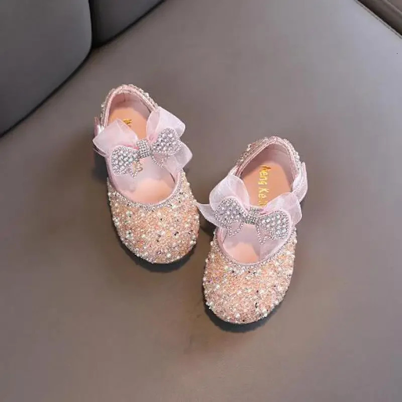 Childrens Sequined Leather Shoes Girls Princess Rhinestone Bowknot Single Shoes Fashion Baby Kids Wedding Shoes 241219