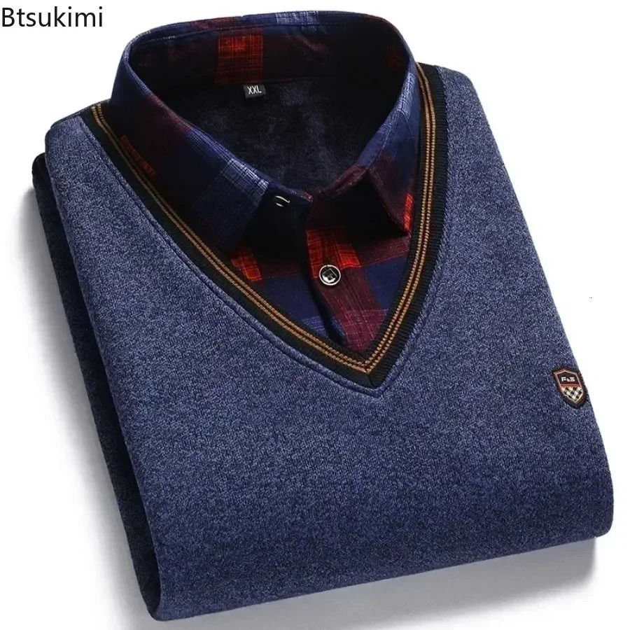2024 Mens Thicker Warm Sweater Fashion Two Polo Collar Knitted Pullover Autumn Winter Men Business Casual Sweater Tops 241218