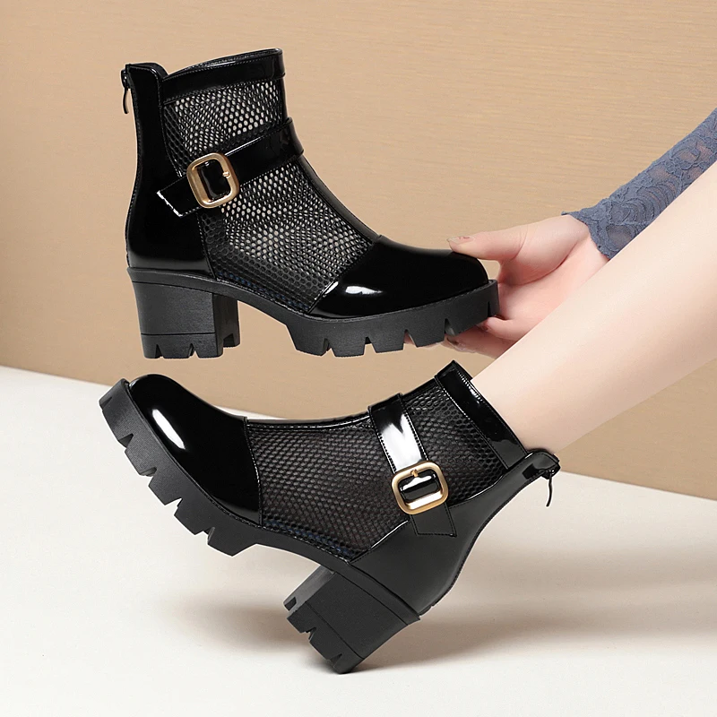 AIYUQI Women Summer Boots Mesh Genuine Leather Platform Women's Mesh Boots Large Size British Style Women Cool Boots