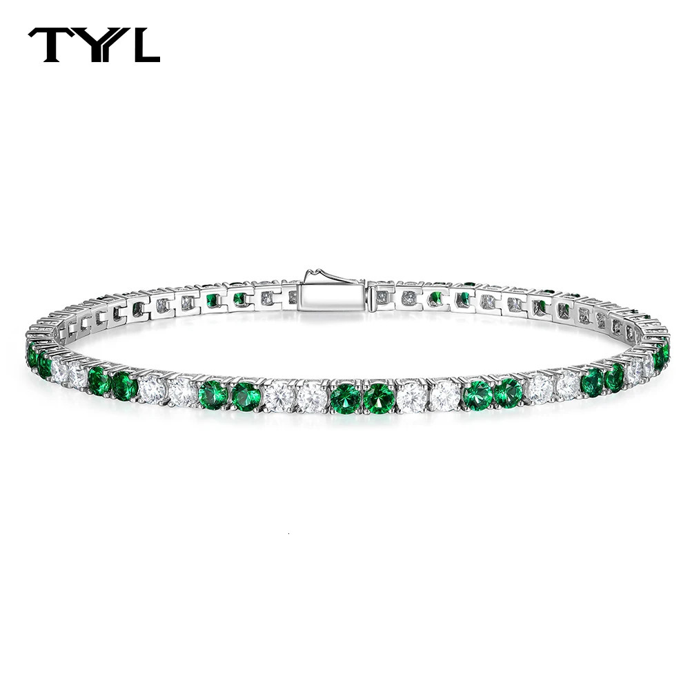 TYYL Full 3MM D Color Green White Lab Grown Emerald Tennis Bracelet for Men Women S925 Silver All Diamond Link Bangle 241214