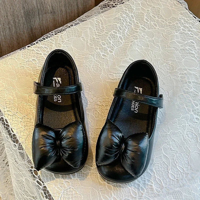 Children Leather Shoes for Girls Autumn Fashion Korean Style Soft Anti-slippery Chic Princess Bowtie Versatile Flats 241220