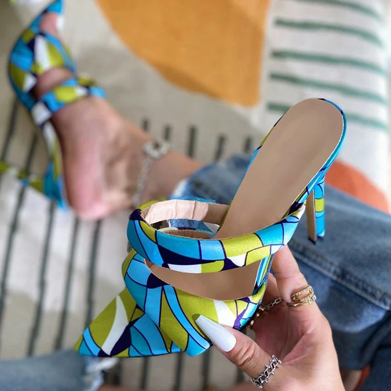 Liyke Sexy Pointed Toe Golded High Heels Women Slippers Cozy PU Leather Summer Party Banquet Shoes Ladies Sandalias De Mujer 241220