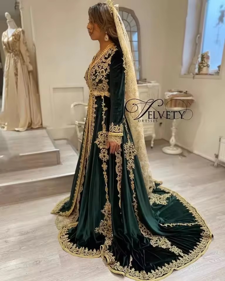 Emerald Green Moroccan Kaftan Evening Dress - Long Sleeve Veet Applique Islamic Prom Dress, Custom Made