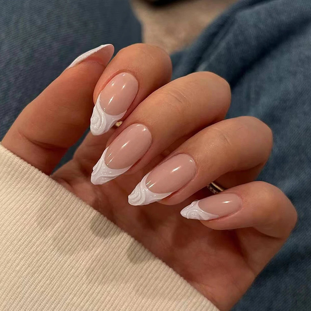 Luxury 24Pcs Short And Medium False Nails Almond Simple Water Ripples Bright Surface False Nails Acrylic Pressure Nail Reusable H260130