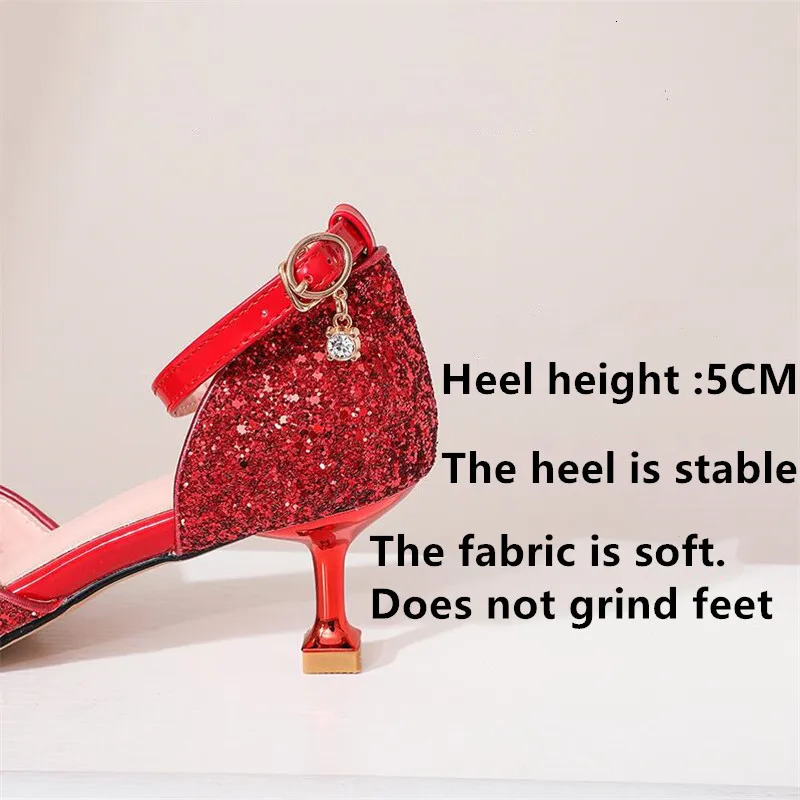 Girls High Heels Princess Shoes Children Stiletto Heels Show Shoes Leather Kids Sequins Wedding Shoe 5CM 241219