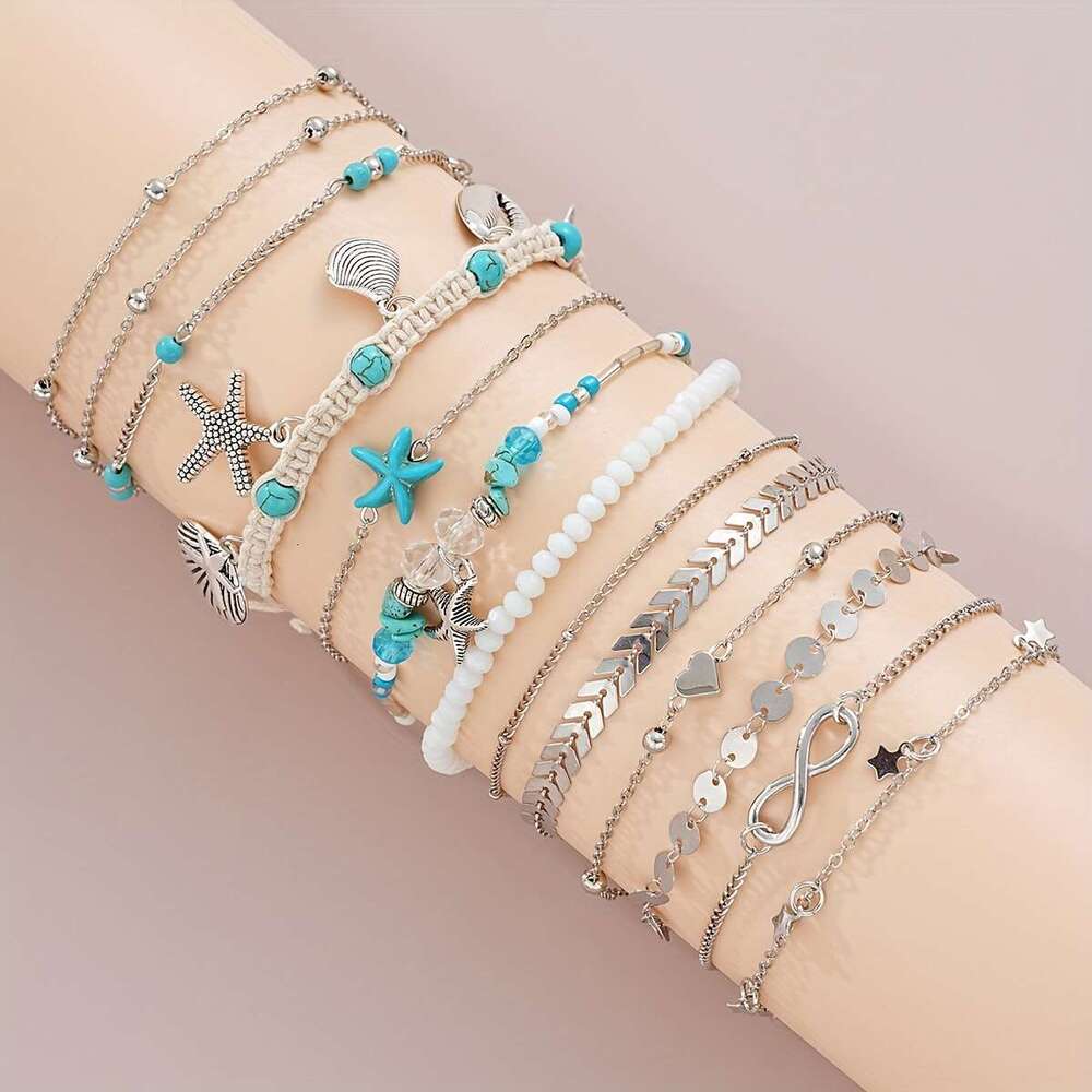 LALAVARA 12pcs Bohemian Starfish Shell Star Love 8-character Rice Bead Ankle Chain Set for Women's Daily Matching, Dating, Vacation, Party, Anniv