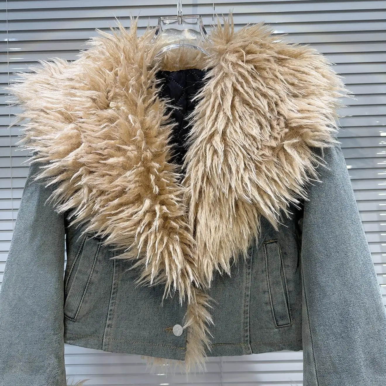 PREPOMP Winter Arrival Faux Fur Collar Sleeve Cuff Cotton Liner Denim Jacket Women Short Blue Coat GS809 241216