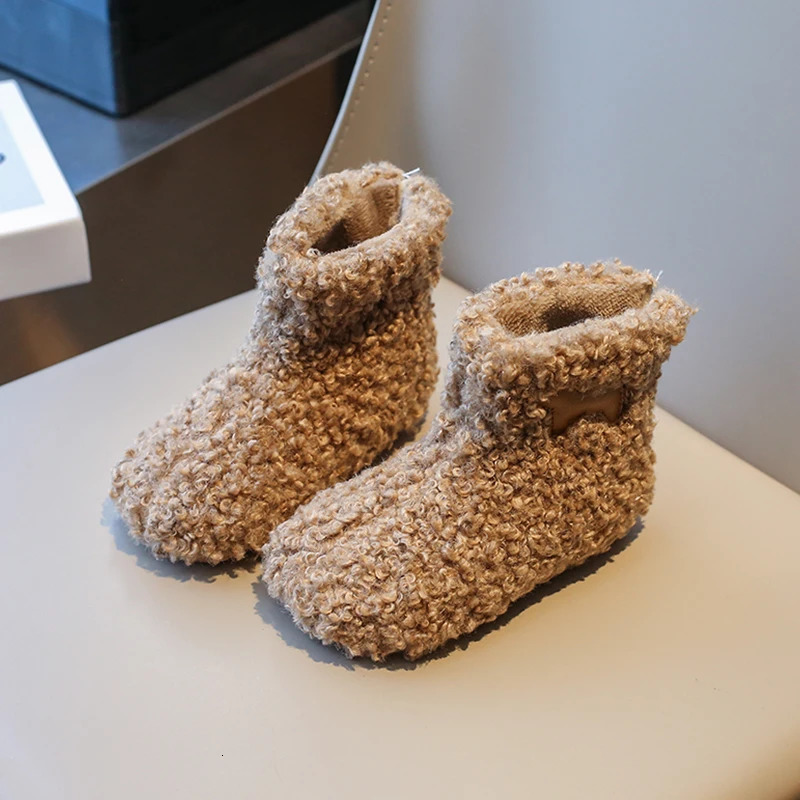 Cute Animal Patchwork Lambswool Boots For Kids Winter Thick Curly Fur Warm Booties Boys Girls Outdoor Round Toe Cotton Shoes 241219