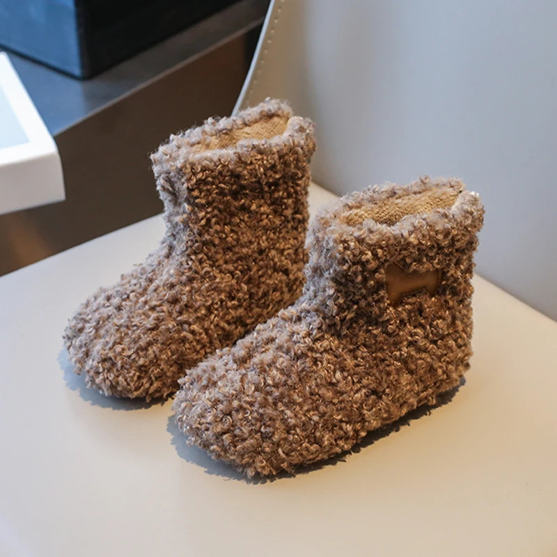 Cute Animal Patchwork Lambswool Boots For Kids Winter Thick Curly Fur Warm Booties Boys Girls Outdoor Round Toe Cotton Shoes 241219