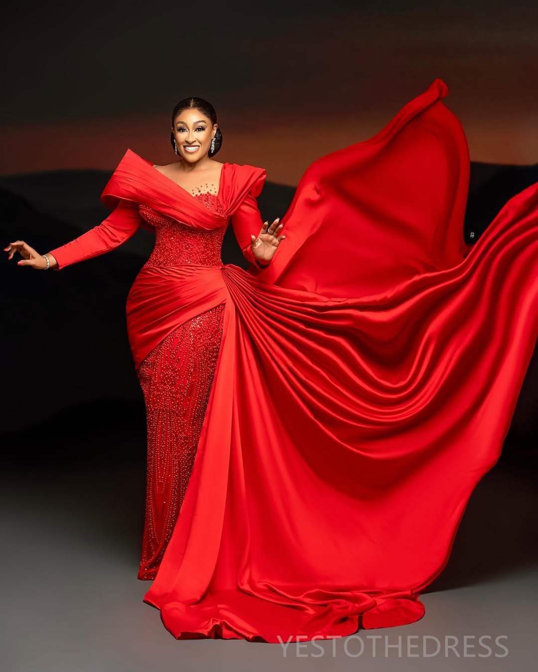 2025 Plus Size Red Prom Dress Evening Dresses For Special Occasions Mermaid Sheer Neck Long Sleeves Beaded Lace Pearls Birthday Dress Second Reception