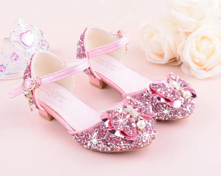 Girls Bow-knot Rhinestone high-heeled Sandals Princess Performance Dancing Summer PU Leather shoes purple pink Silver 241219