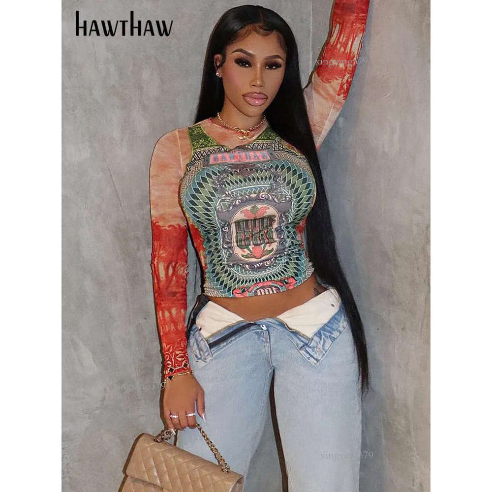 Women's T-Shirt Hawthaw Women Long Sleeve Graphic Mesh See Through Streetwear T Shirts Tops Tee Autumn Clothes Wholesale Items For Business 23013
