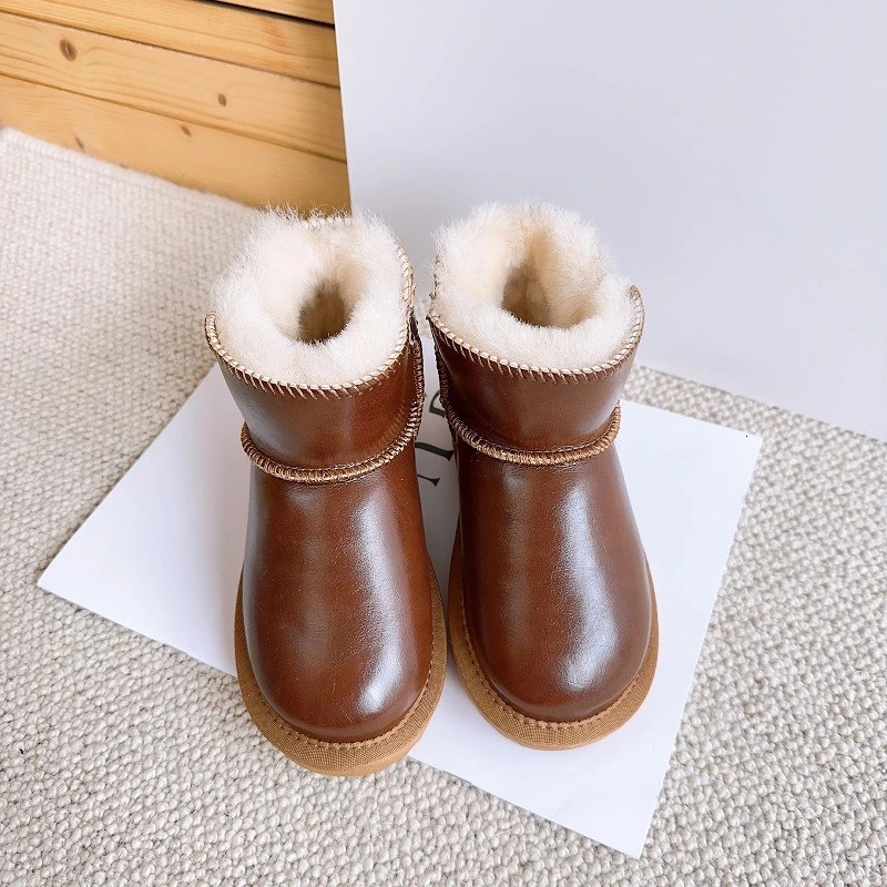 Cow Leather Kids Snow Boots Warm High Quality Wool Boys Ankle Boots Winter Genuine Leather Waterproof Girls Fashion Shoes 241219