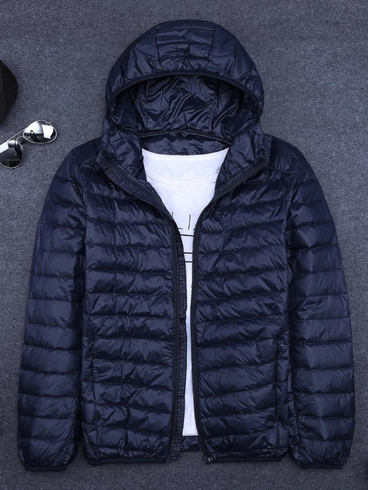 Mens Winter Coat Duck Down Jackets Ultra Light Thin Hooded Down Coat Portable Windproof Puffer Parkas Male Overcoat 6XL 241220