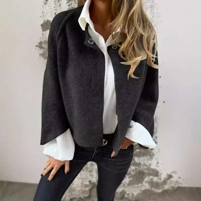 Womens Wool Blend Short Coat Autumn Winter Loose Long Sleeved Solid Color Jacket 241216