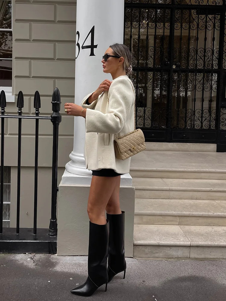 TRAF autumn and winter womens irregular double-breasted tweed jacket Elegant long-sleeved round neck jacket tops 241220