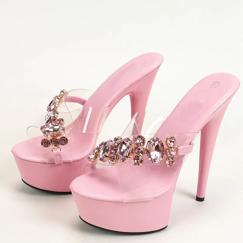 Liyke Summer Ultra High Platform Slipper Women Pink Dia Chain Designer Shoes Sexy Open Toe Stripper Heels Transparent Sandal