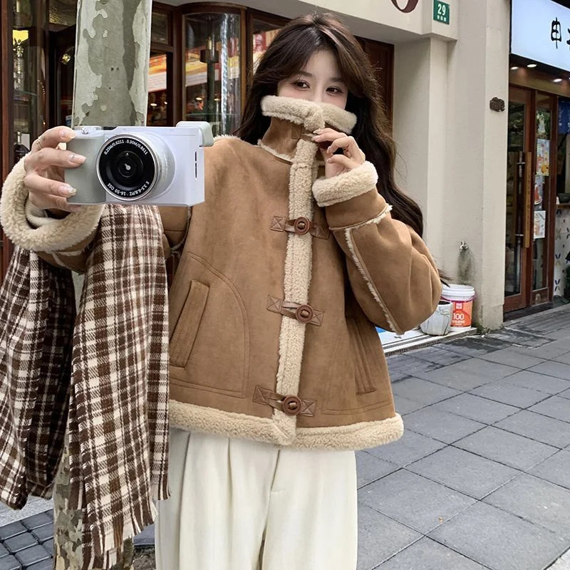 Academy Style Fashion Autumnd Lamb Fur Jacket for Womens Winter 2024 Spring Loose Thickened Deer Skin Velvet Fur Coats Pink Top 241216