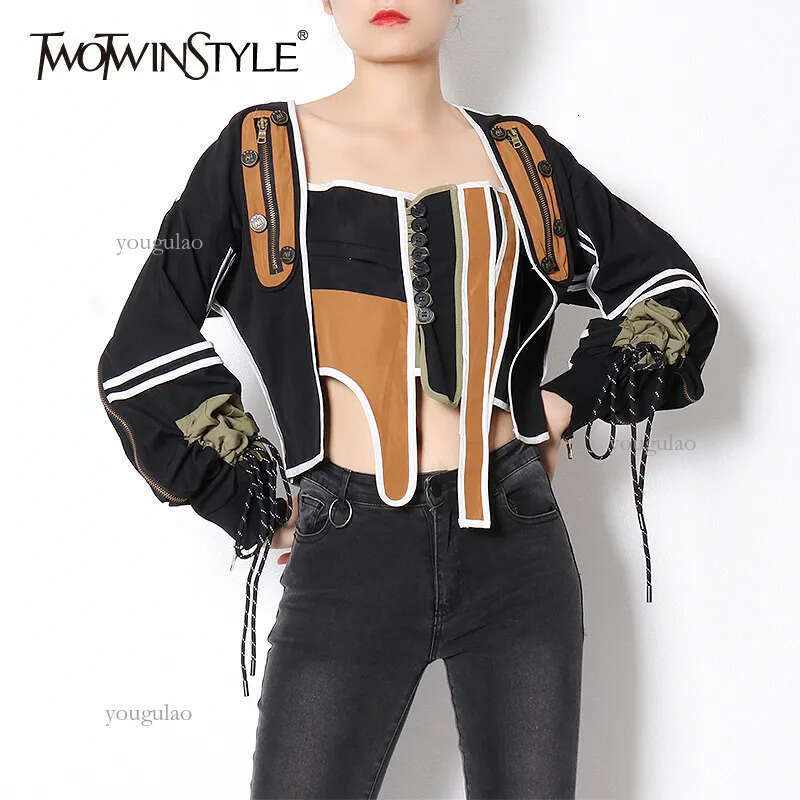 TWOTWINSTYLE Patchwork Hit Color Casual Coat For Women Square Collar Long Sleeve Lace Up Bowknot Streetwear Jacket Female 201023