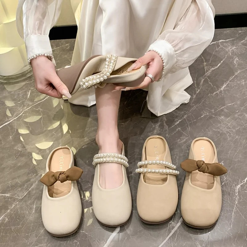 Fashion Bowknot Pearl Flat Bottom Baotou Half Slippers Women 2024 Summer Shallow Mouth Mary Jane Single Shoes Casual Slides 241220