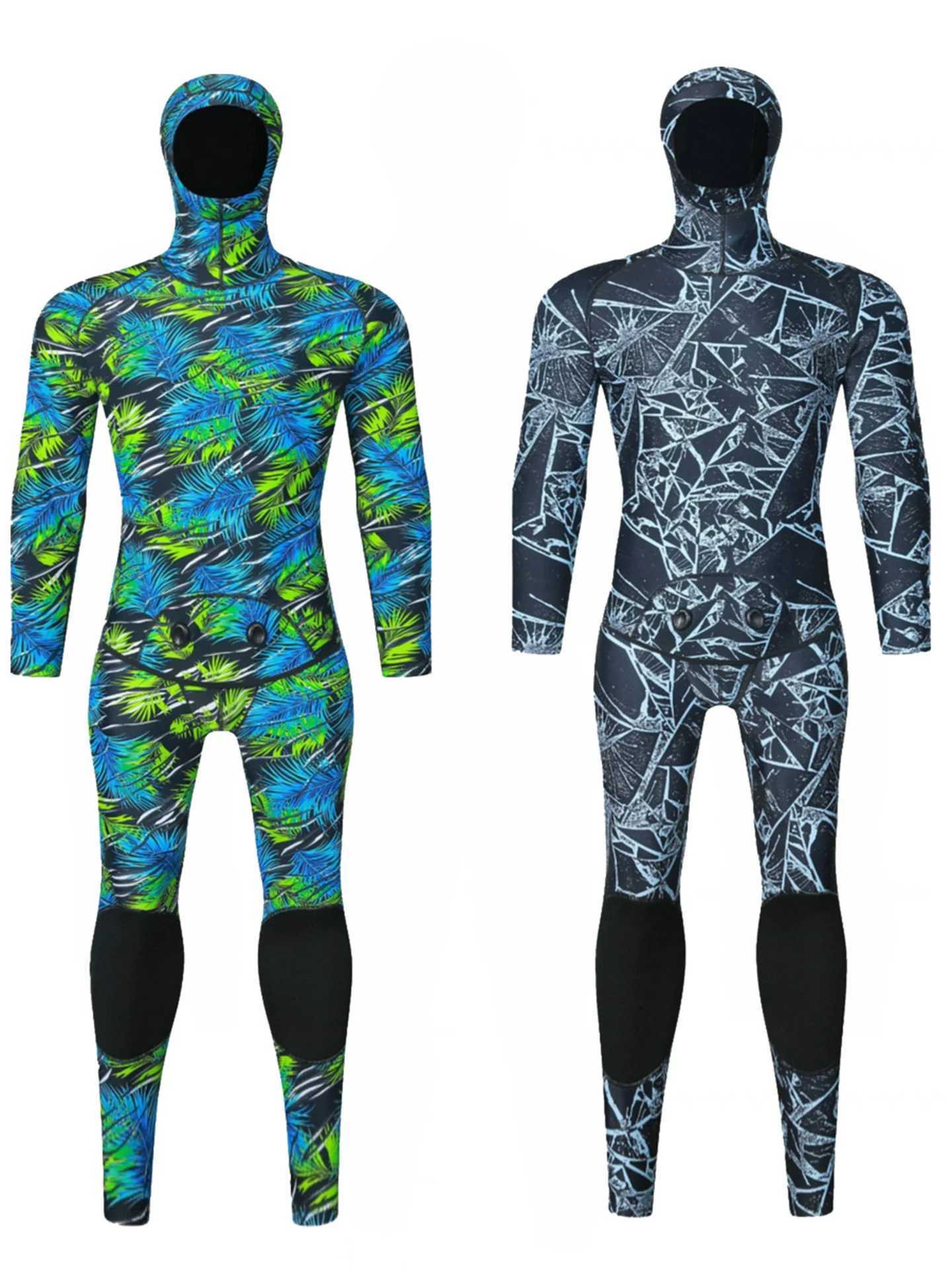 3mm Neoprene Camouflage Wetsuit Scuba Spearfishing Men Hooded Diving Suit 2 Pieces Set Winter Deepwater Thermal SwimsuitXJ241220