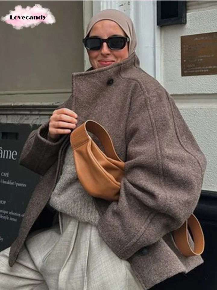 Brown Stand Collar Long Sleeve Woolen Short Coat Women Fashion Single Breasted Loose Jacket Autumn Warm Female Chic Outwear 241220