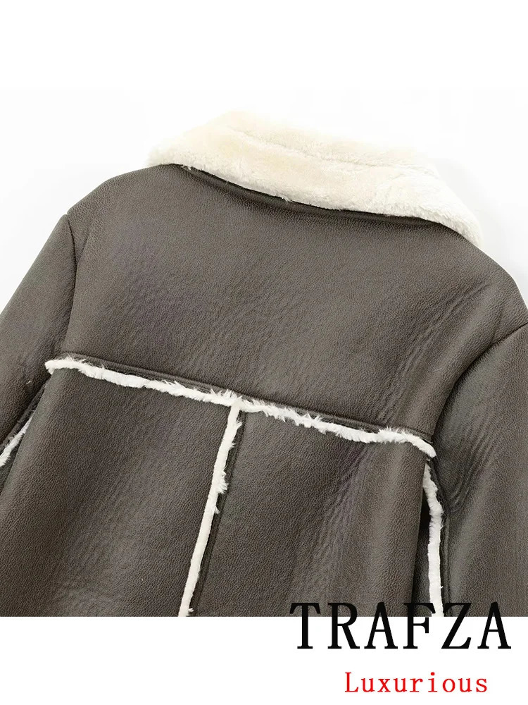 TRAFZA Vintage Casual Chic Women Leather Fur Jackets Solid Zipper Belt Thick Coat Fashion Autumn Winter Warm Office Outwear 241220