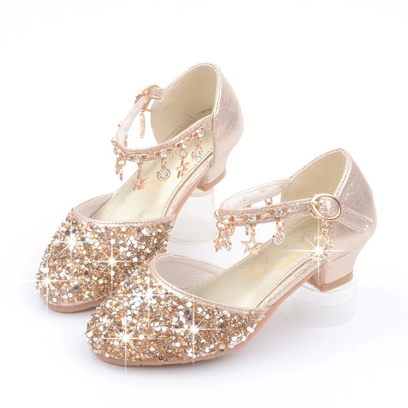 Girls Sequins Performance Shoes Kids Glitter Toes Capped Sandals Childrens Princess High-heeled Shoes Spring Autumn 241219