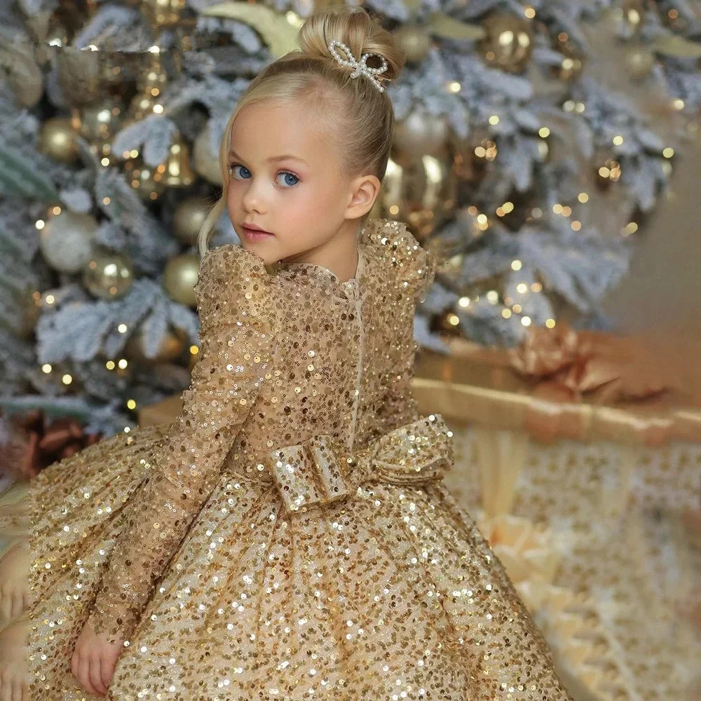 Children Clothing Baby Girl Puffy Gauze Dresses Birthday Elegant Princess Prom Dress for Kids Gold Sequin Long Sleeve Ball Gown 241219