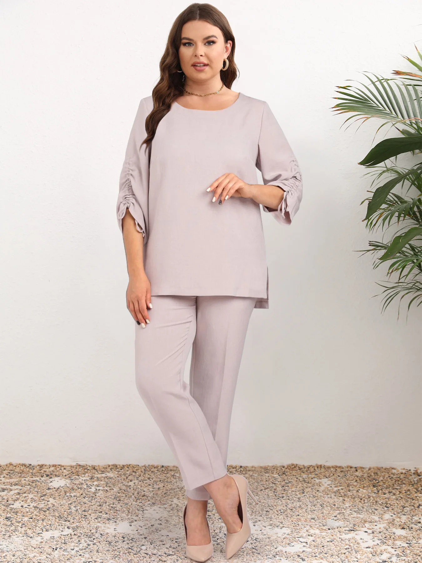 Women Plus Size Two Piece Pant Set Round Neck Solid Basic Casual Matching Office Lady Elegant 2 with Blet 241219