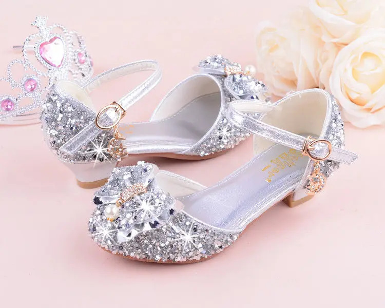 Girls Bow-knot Rhinestone high-heeled Sandals Princess Performance Dancing Summer PU Leather shoes purple pink Silver 241219