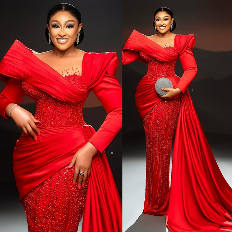 2025 Plus Size Red Prom Dress Evening Dresses For Special Occasions Mermaid Sheer Neck Long Sleeves Beaded Lace Pearls Birthday Dress Second Reception