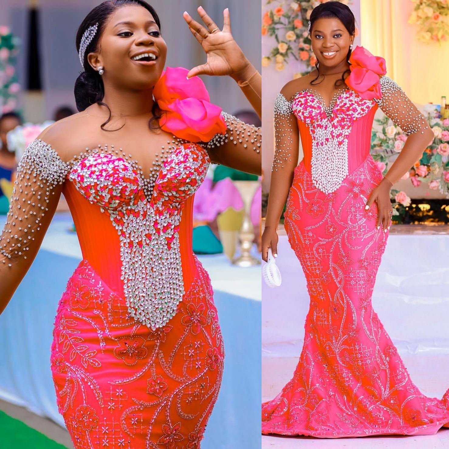 Water Melon Mermaid Prom Dresses 2025 ral Lace Rhies Evening Formal Party Second Birthday Engagement Gowns Plus Size Dress For Special Ocns