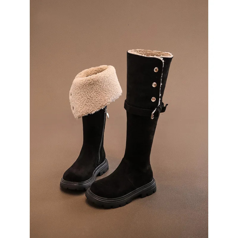 Fashion Girls Over the Knee Long Boots Childrens Shoes Winter Plush Thickened Warm High Top Leather Boots 241219