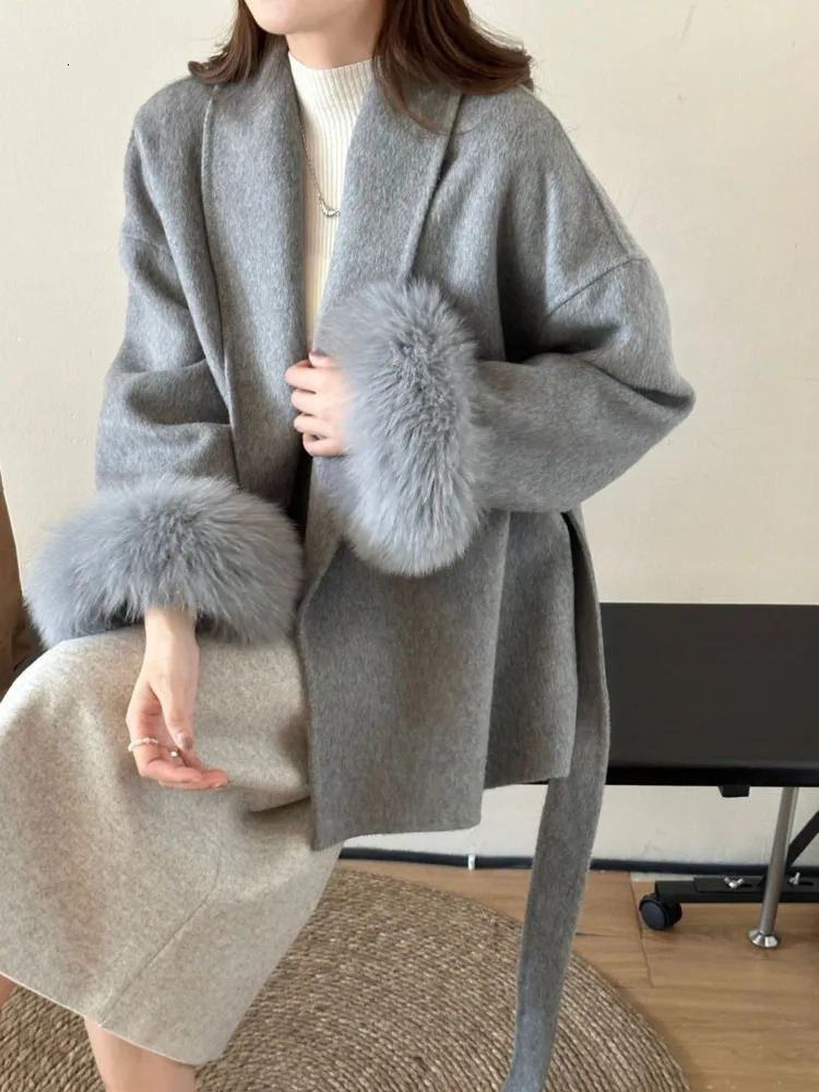LANMREM Double Sided Wool Coat For Women Fox Fur Stitching Sleeves Lapel Solid Color Belt Coats Woolen Clothing Winter 2DA2598 241217