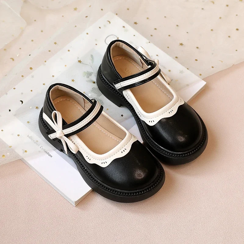Girls Leather Shoes with Anti Slip Round Toe Bow Spring Autumn Outdoor Girls PU Casual Leather Shoes Sandalias De Mujer 241220