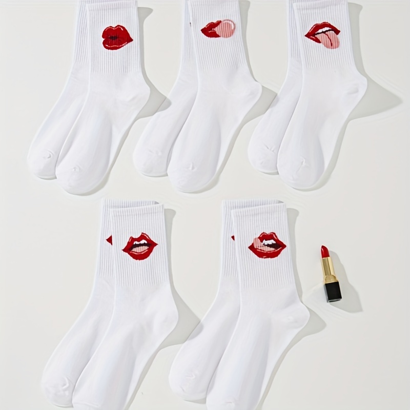 5 pairs of white Korean ins tide red lips college style sports women mid-calf socks couple models
