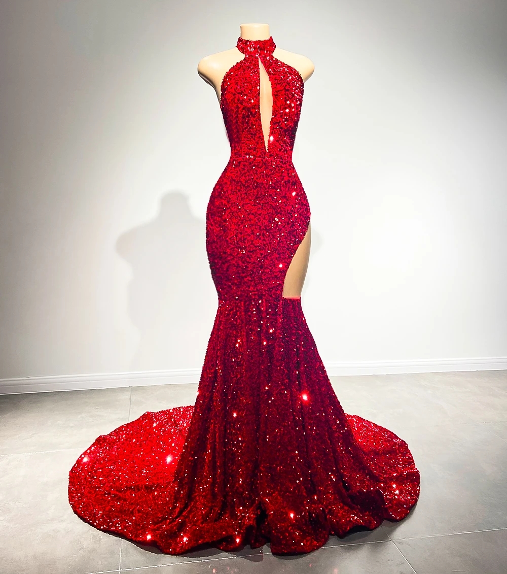 Red Sexy Mermaid Prom Dresses High Neck Sparkly Sequin Birthday Party Club Gowns Evening Formal Dress Black Girls Gala Robe De Soriee