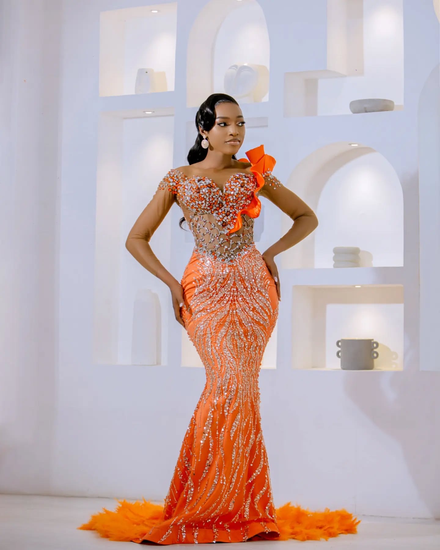 Mermaid Orange Prom Dresses Rhies Beaded Sequined Evening Formal Party Second Birthday Engagement Gowns Plus Size Dress For Special Ocns D