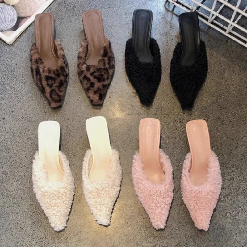 Women Fur Slippers Warm Mules Shoes Casual Mid Heels Boots Pointed Toe Plush Slingback Flip Flops Cotton Boots 241220