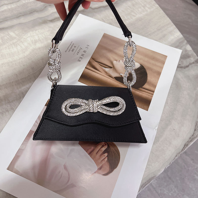 Bling Luxury Totes Designer Diamond Shiny Bags Shoulder Bow Sweet Pink Satin Prom Party Purse Brand Small Kawaii Wedding Handbag