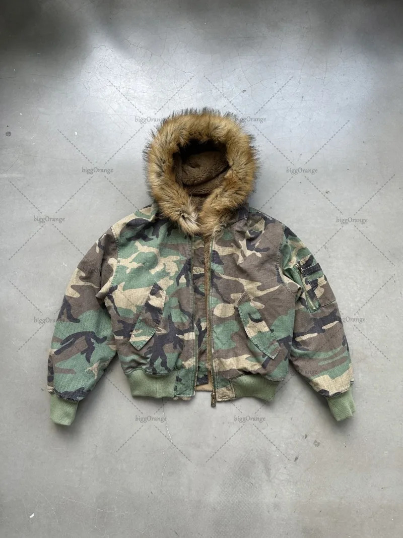 2025 High Street Trendy Y2K Streetwear Jacket Harajuku Retro Camouflage Fur Collar Casual Zipper Hoodie Men Oversized Sweatshirt 241219
