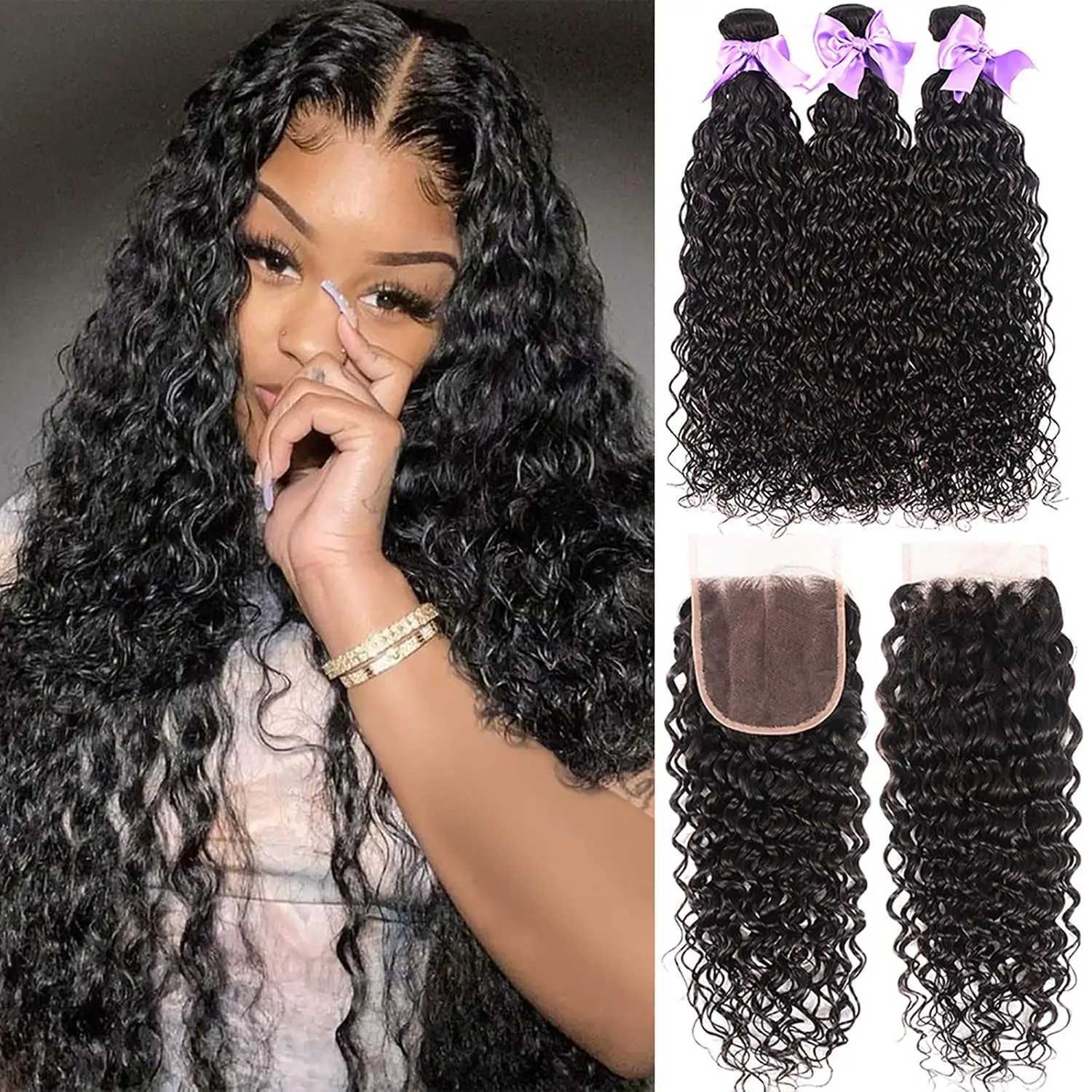 Malaysia water beam with closed wet wave curly human hair bundle front closed Remy hair braided extension W241221