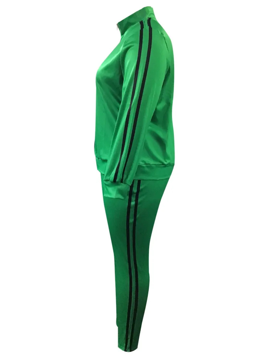 LW Plus Size Striped Regular Fit Tracksuit Set Green 2pcs Sportwears Zipper Up Mandarin Collar Top Casual Trousers 241219